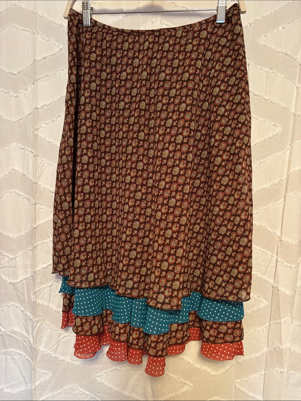Christopher & Banks Brown Midi Skirt with Teal & Coral Ruffle Layers